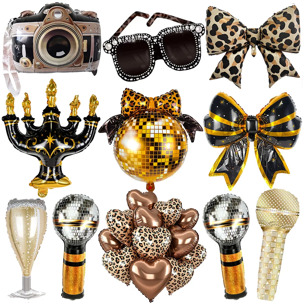 Retro Disco Balloon Leopard Bow Disco Ball Balloon Camera Microphone Candelabra Balloon 70s 80s Theme Birthday Party Decorations