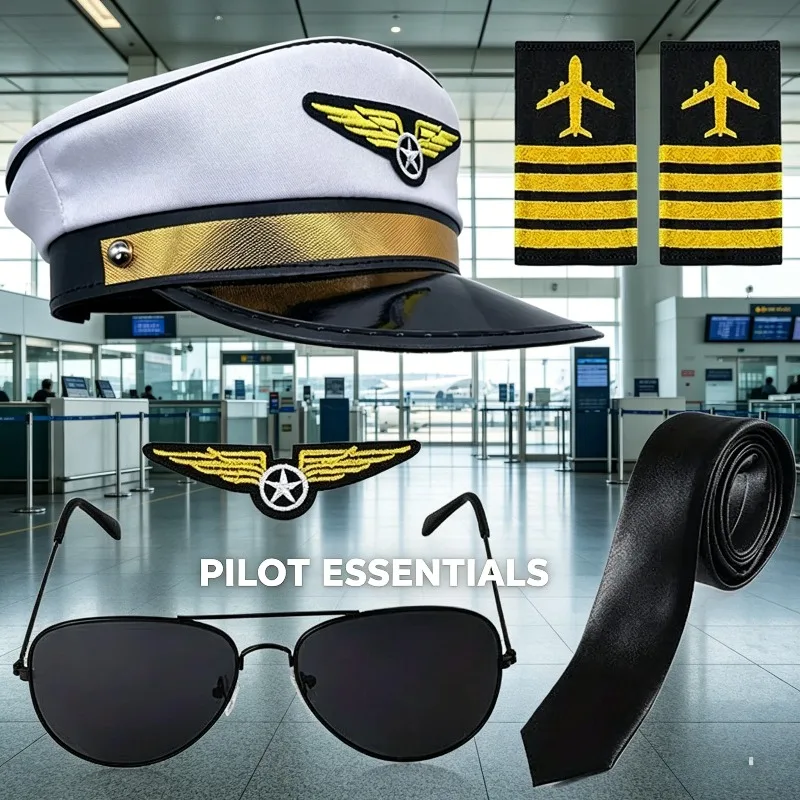 

Pilot Costume Accessories Set Captain's Hat Glasses Tie Halloween Aviation Role-playing