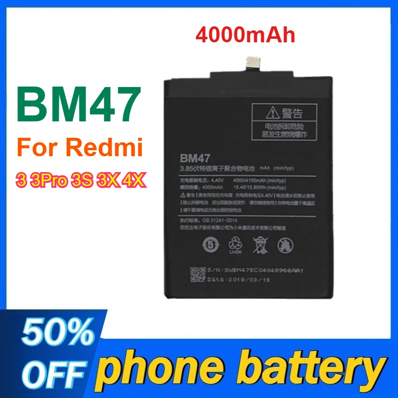 

BM47 4000mAh Battery For Redmi 3 3Pro 3S 3X 4X Mobile Phone Batteries Fast Shipping