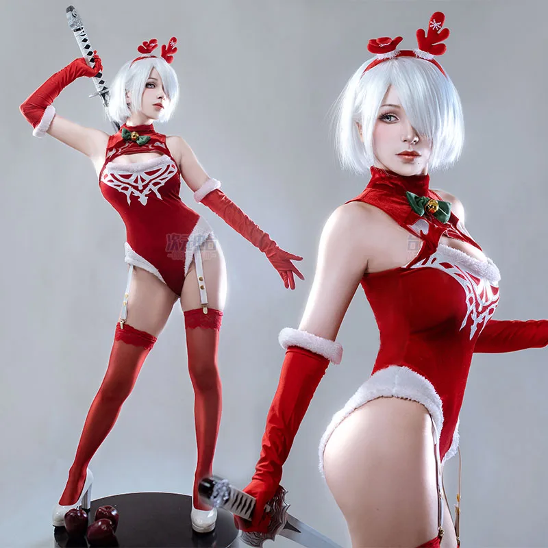 

Женский сексуальный рождественский костюм Nier Automata Yorha 2B, карнавальный костюм, сексуальное боди, плащ, головной убор, перчатки, костюм, рождественское нижнее белье