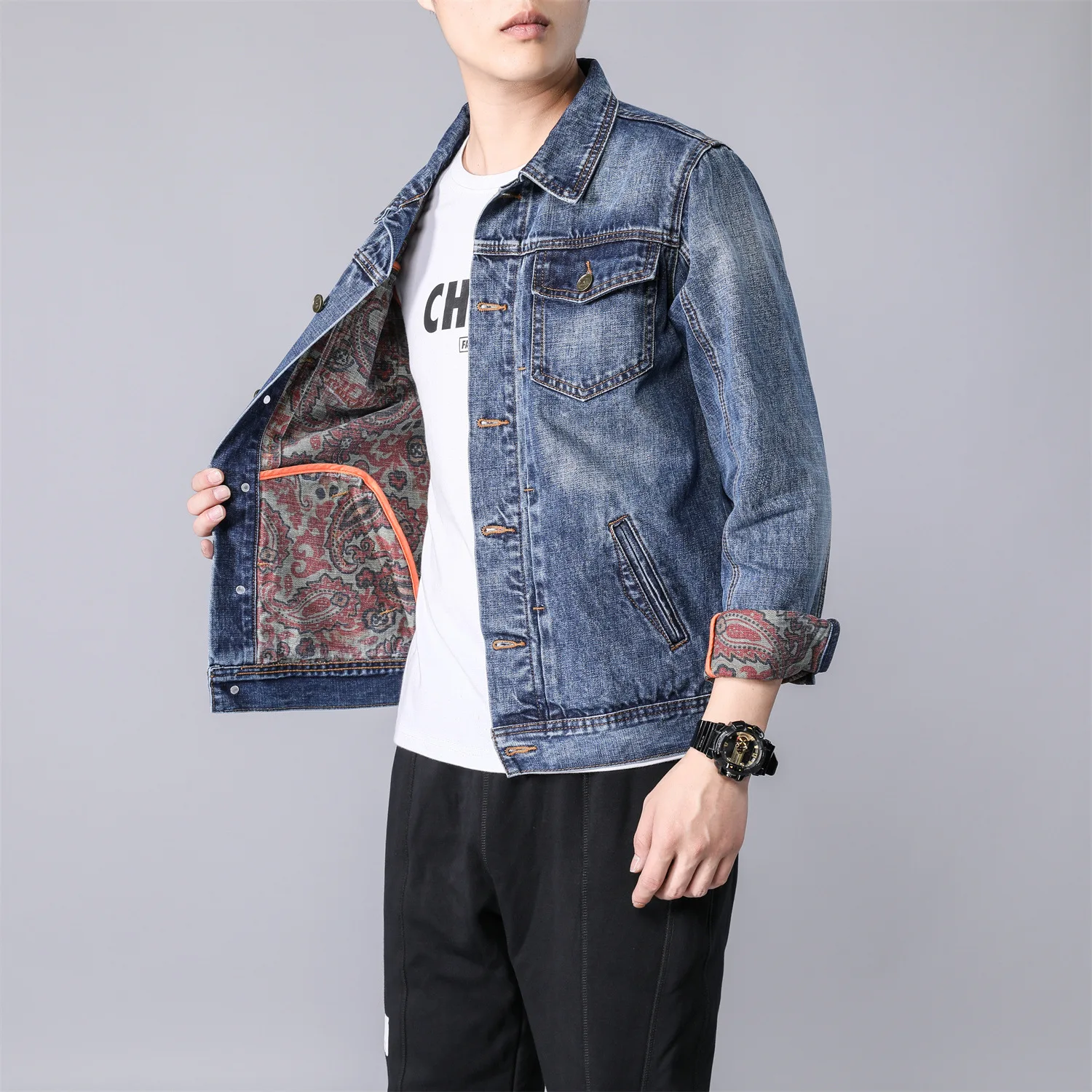

2025 New Men Print Denim Jacket Korean Style Vintage Corduroy Collar Fleece Lined Warm Winter Coat Male Fashion Streetwear