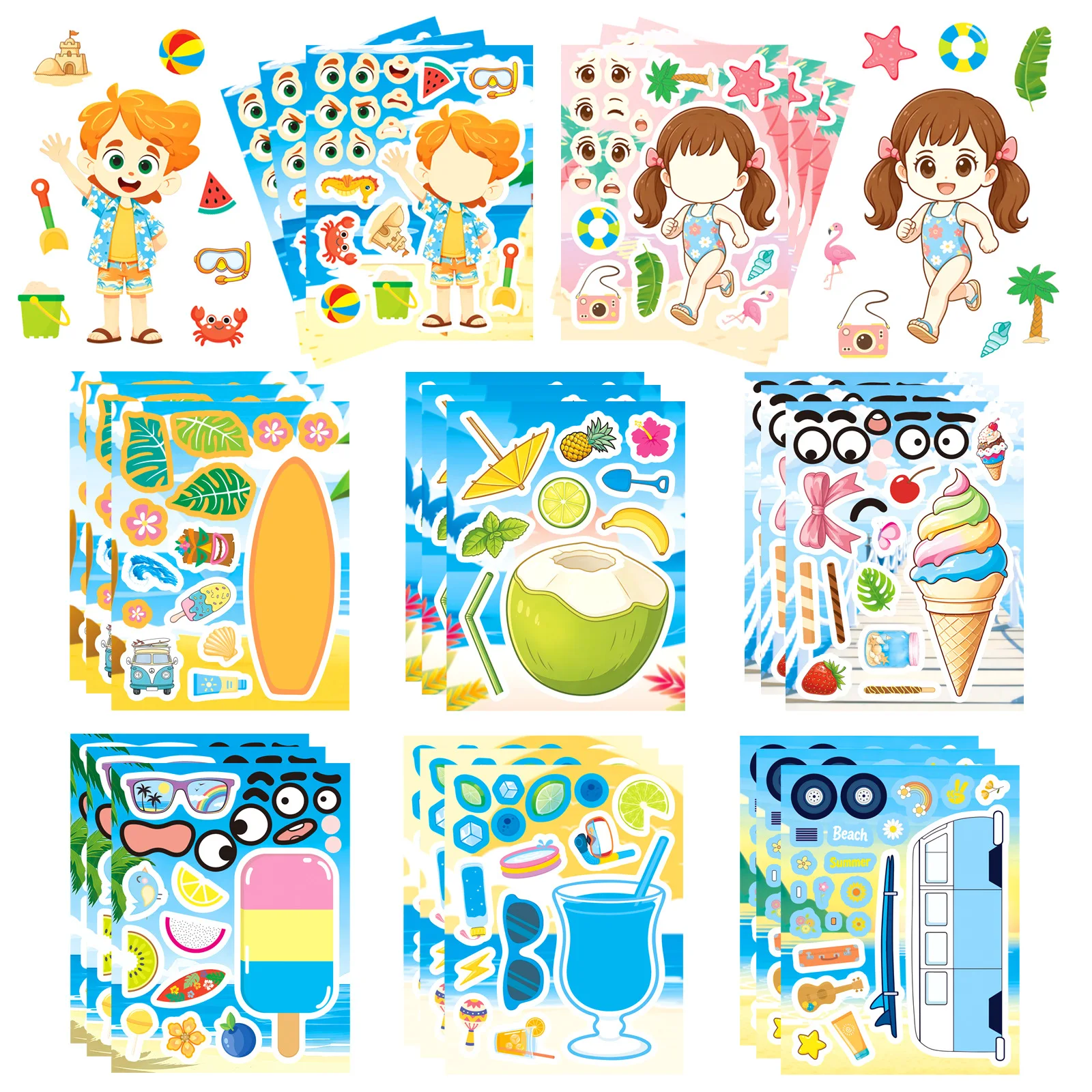 8 Pcs Cartoon Summer Beach Make Face Stickers DIY Waterproof Decals for Stationery Gift