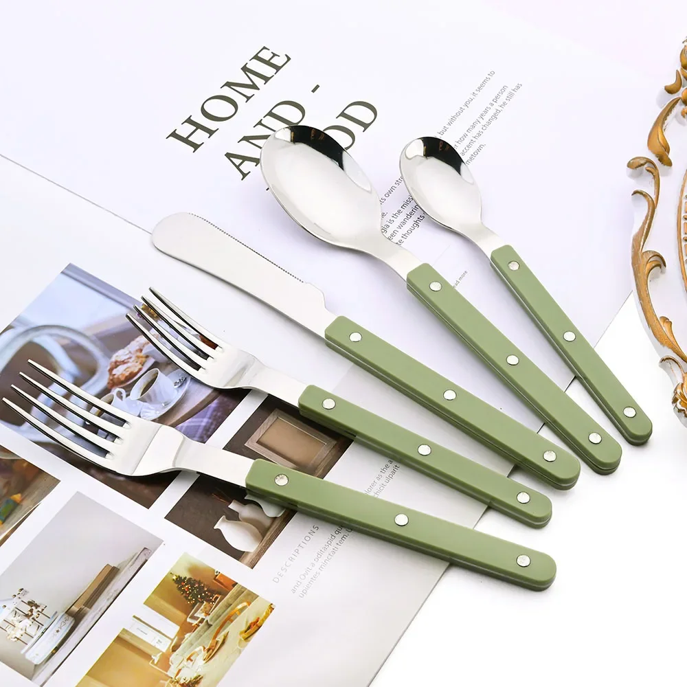 6/30Pcs Butter Knife Fork Spoons Flatware Set Green Acrylic Handle Dinnerware Sets Stainless Steel Silverware Tableware Set