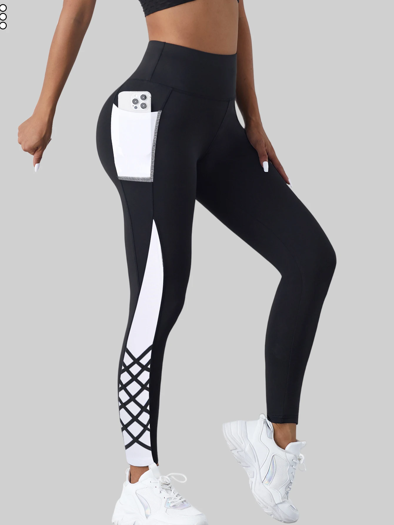 Contrast Geometric Print Pocket Yoga Leggings for Women, High Waist Compression Workout Gym Fitness Trousers
