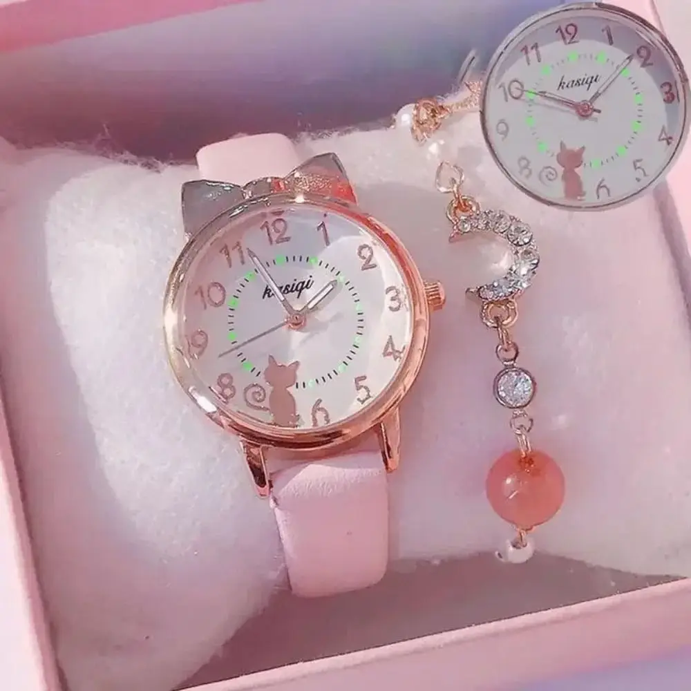 High Quality Quartz Clock Watch Bracelet Set Cat Ear Leather Watchband Quartz Watch Cute Casual Bracelet