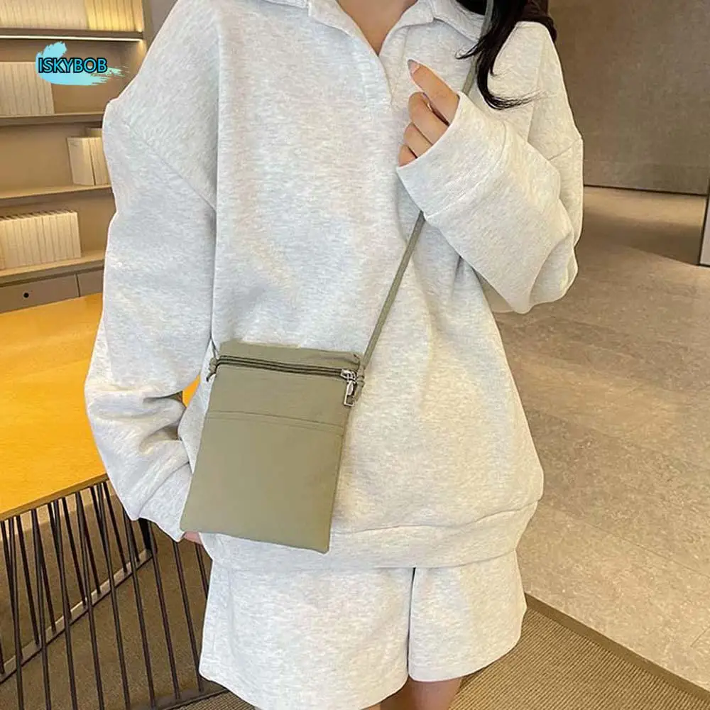 

Thin Strap Solid Color Phone Purse Solid Color Zipper Small Nylon Crossbody Bag Japanese Style Lightweight Simple Shoulder Bag
