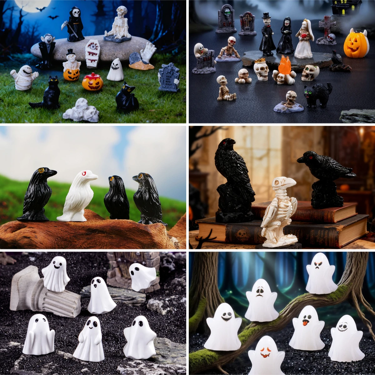 100pcs Kawaii Halloween Skeleton Bride Ghost Skull Crow 3D Resin DIY Keychain Accessories Desktop Oranment Dollhouse Decor
