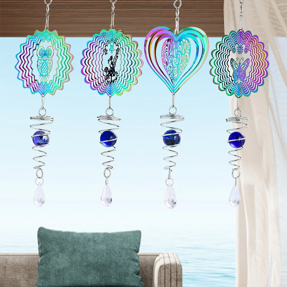 

3D Colorful Wind Spinner Chime Hook Spiral Glass Ball Pendant Love Butterfly Owl Fairy Catcher Outdoor Garden Hanging Accessory