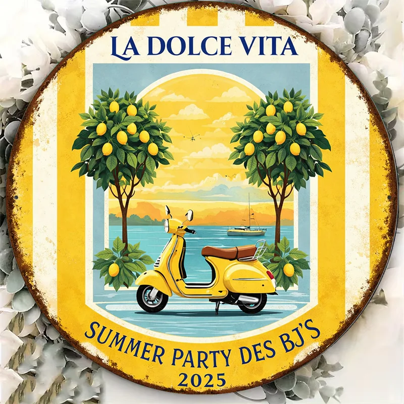 Letrero redondo plano 2D, placa vintage con la frase "LA DOLCE VITA", palabras clave temáticas de decoración para fiestas de verano, adecuado para bares