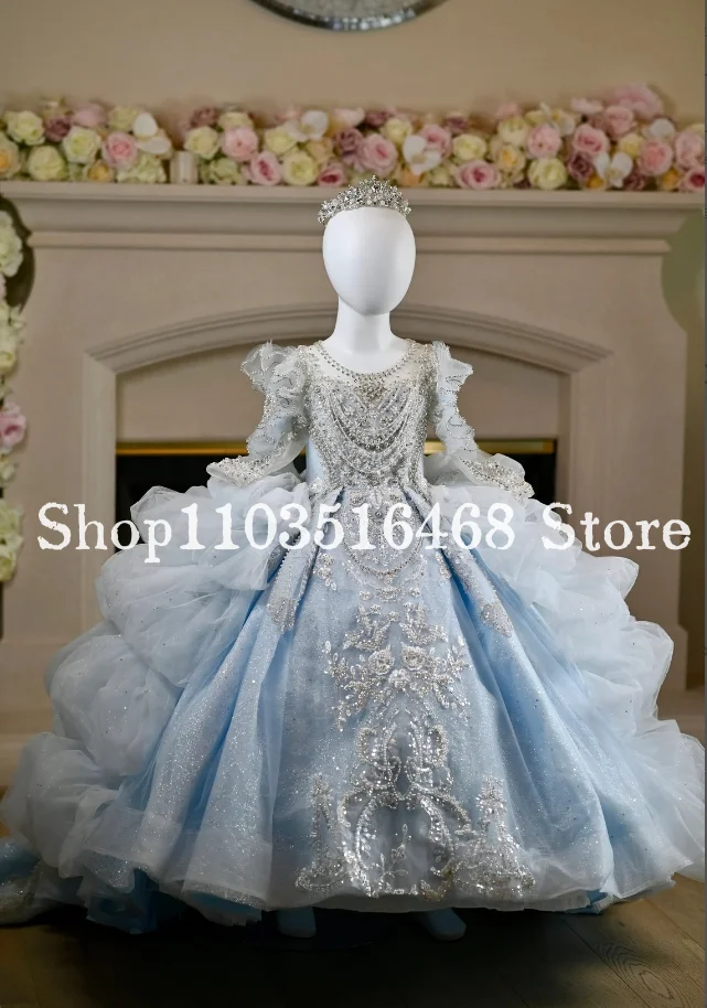 Sky Blue Flower Girl Dresses Mini Quinceanera Dresses High Princess Couture Lace Beaded Applique Puffy Custom vestido de festa