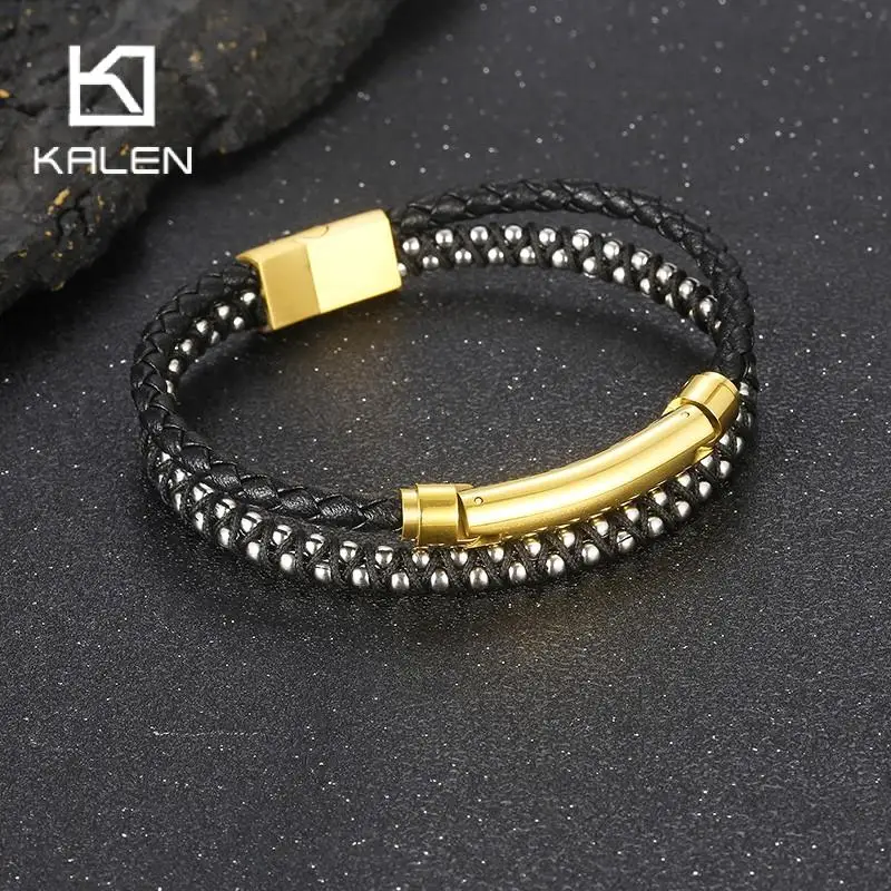 Stainless Steel Double Layers Woven Cowhide Bracelets Men Thick Hip Hop Creative Leather Bead High Quality Jewelry Free Gifts