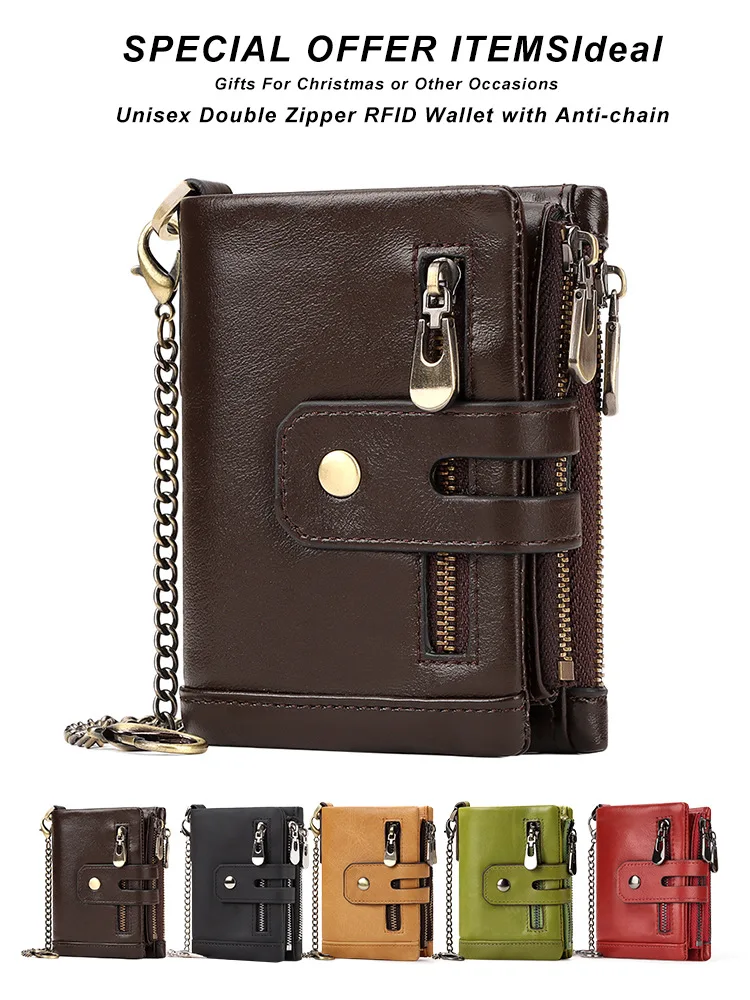 เข็มขัดหนังวัวแท้แบบ RFID ป้องกันการโจรกรรมข้อมูล พร้อมช่องใส่บัตรและเหรียญขนาดใหญ่สำหรับผู้ชาย ดีไซน์แบบสามพับพร้อมโซ่คล้อง