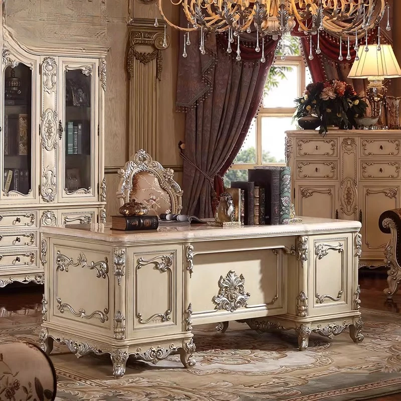 Solid wood carving flower marble surface writing table home desk, study combination