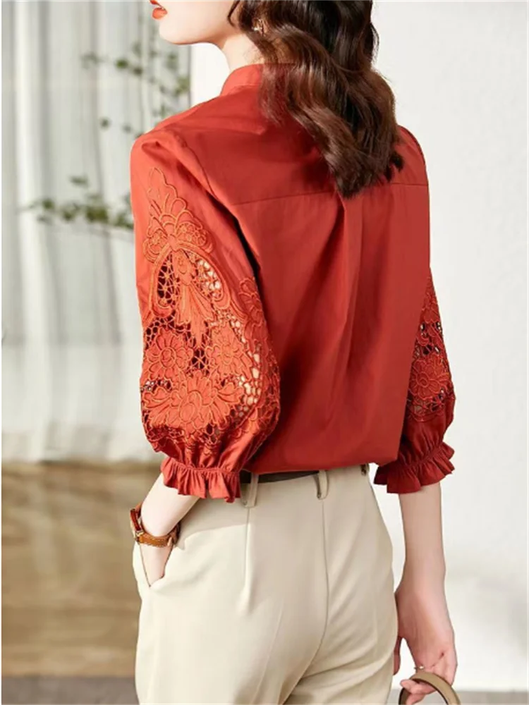 Lantern Sleeve Blouses Women Shirt Hollow Out Half Sleeve Shirt Summer Blouse Loose Cardigan Top Grace Embroidered Female Shirt