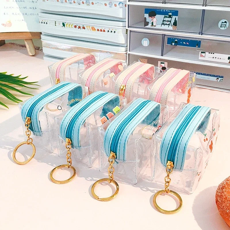 PVC Waterproof Mini Coin Storage Bag Lipstick Key Earphone Organizer Cartoon Clear Coin Purse Pouch with Keyring Cute Wallet