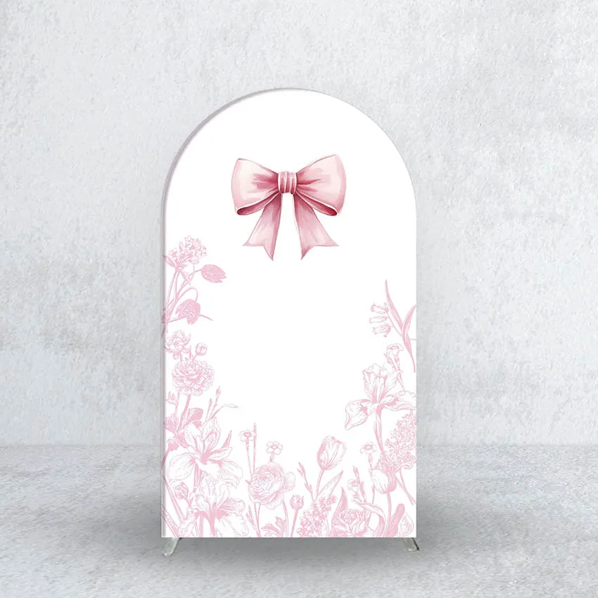 LS Custom 2-Sided Pink Bow Floral Bloom Pattern Girl Birthday Party Baby Shower Cover Chiara Arch Background Decor Backdrop