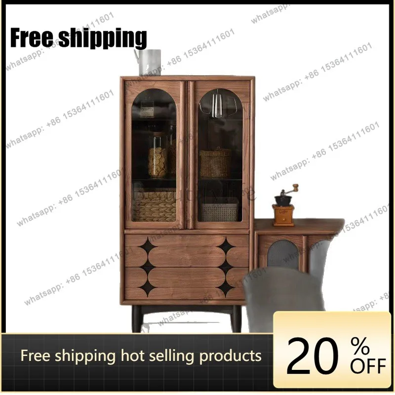 LJY New Black Walnut Side Cabinet Movable Locker Living Room Storage Cabinet