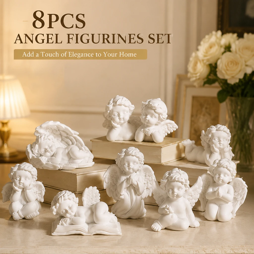 8PCS White Cherub Angel Figurines Set Resin Statue Cute Baby Angel Ornaments European Home Decor Shelf Table Decoration Gift
