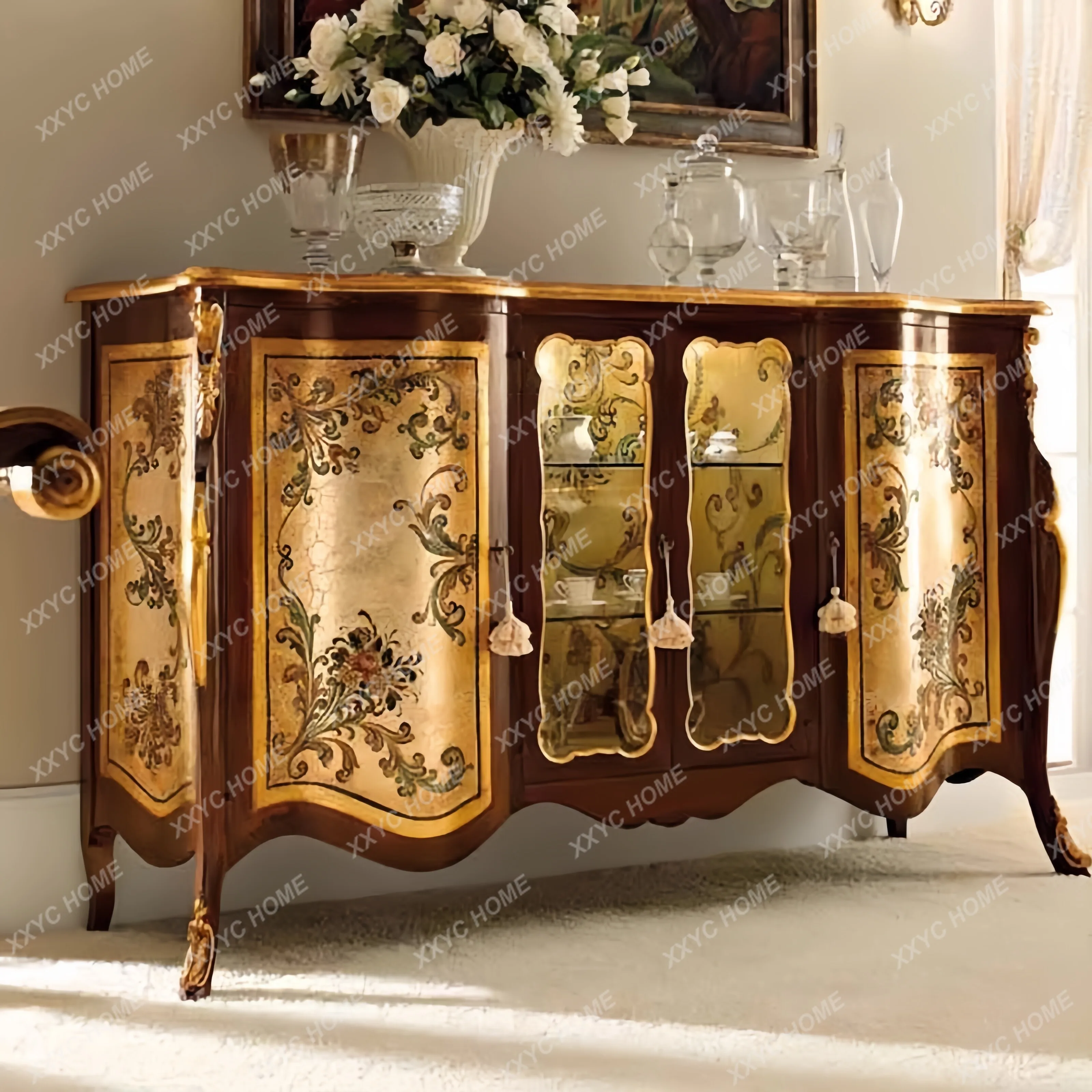 Side cabinets Solid wood carving Hand painted lockers Luxury decorative entrance cabinets Villa furniture