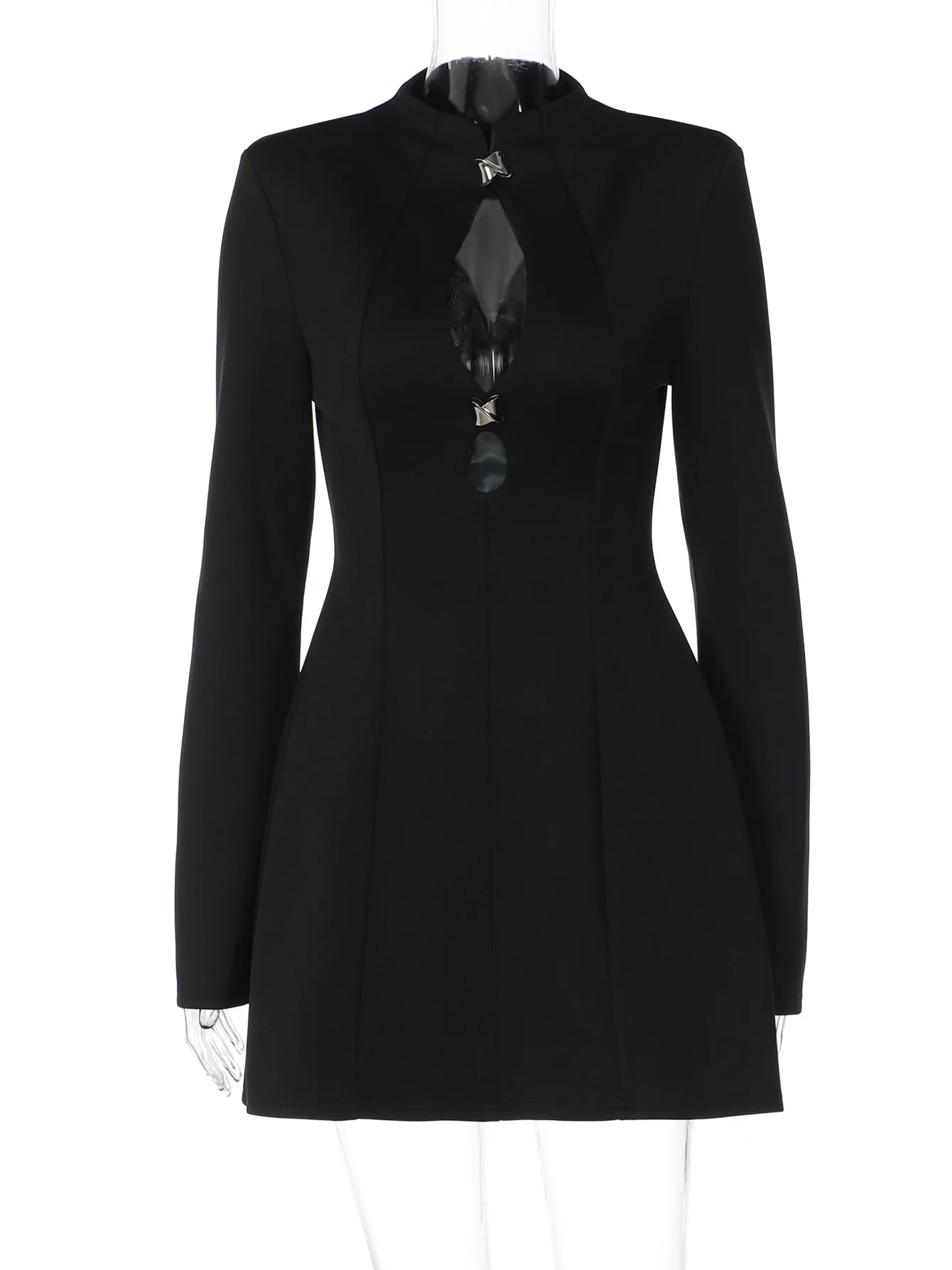 Metall Schnallen Hohl Schlank Blazer Mini Kleid Frauen Elegante Sexy O Hals Langarm Schlank Bodycon High Street Outfits Büro Dame