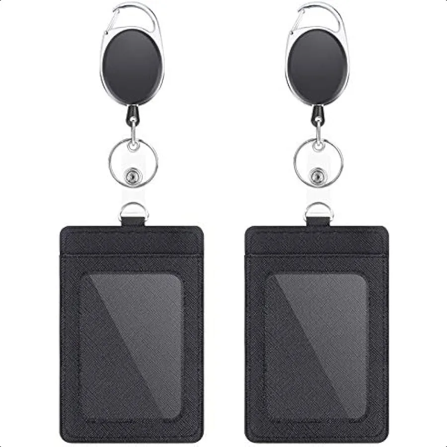 

2 Pack Badge Holders and Heavy Duty Retractable Reel Clips Set Vertical Leather ID Badge Holders with 1 Clear ID Window and 2 C