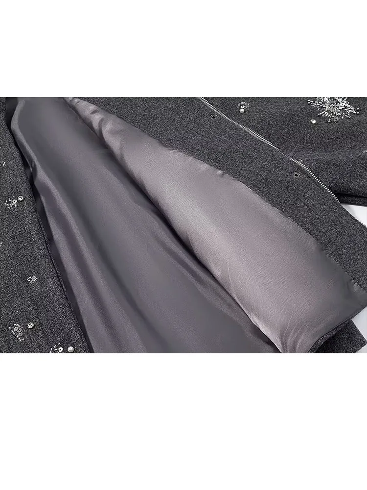 HH-Chaqueta de lana con lentejuelas estampadas y cuello levantado para mujer, abrigo informal de manga larga con cremallera, moda de invierno 2025