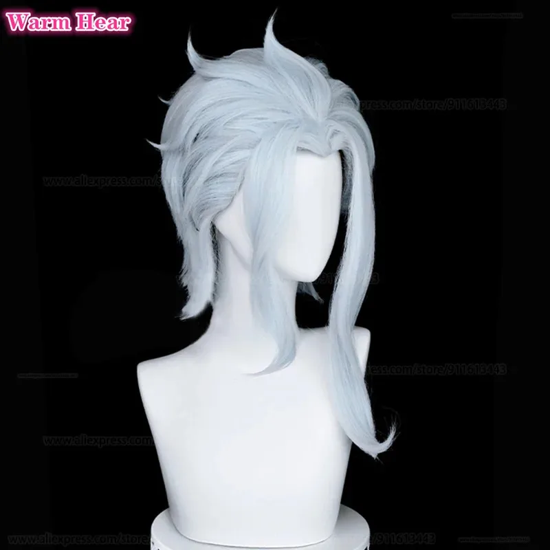 Jogo Fatui Doctor II Dottore Cosplay 50 cm de comprimento azul claro cabelo sintético resistente ao calor + touca de peruca VG;H6;87H;,GK