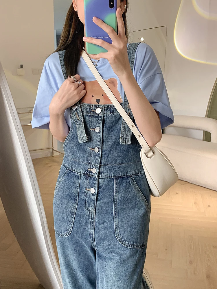 Vintage Blue Jeans Rompers Women's Jumpsuits Casual Streetwear Denim Overalls Loose Wide Leg Dungarees Buttons Cargo Baggy Pants