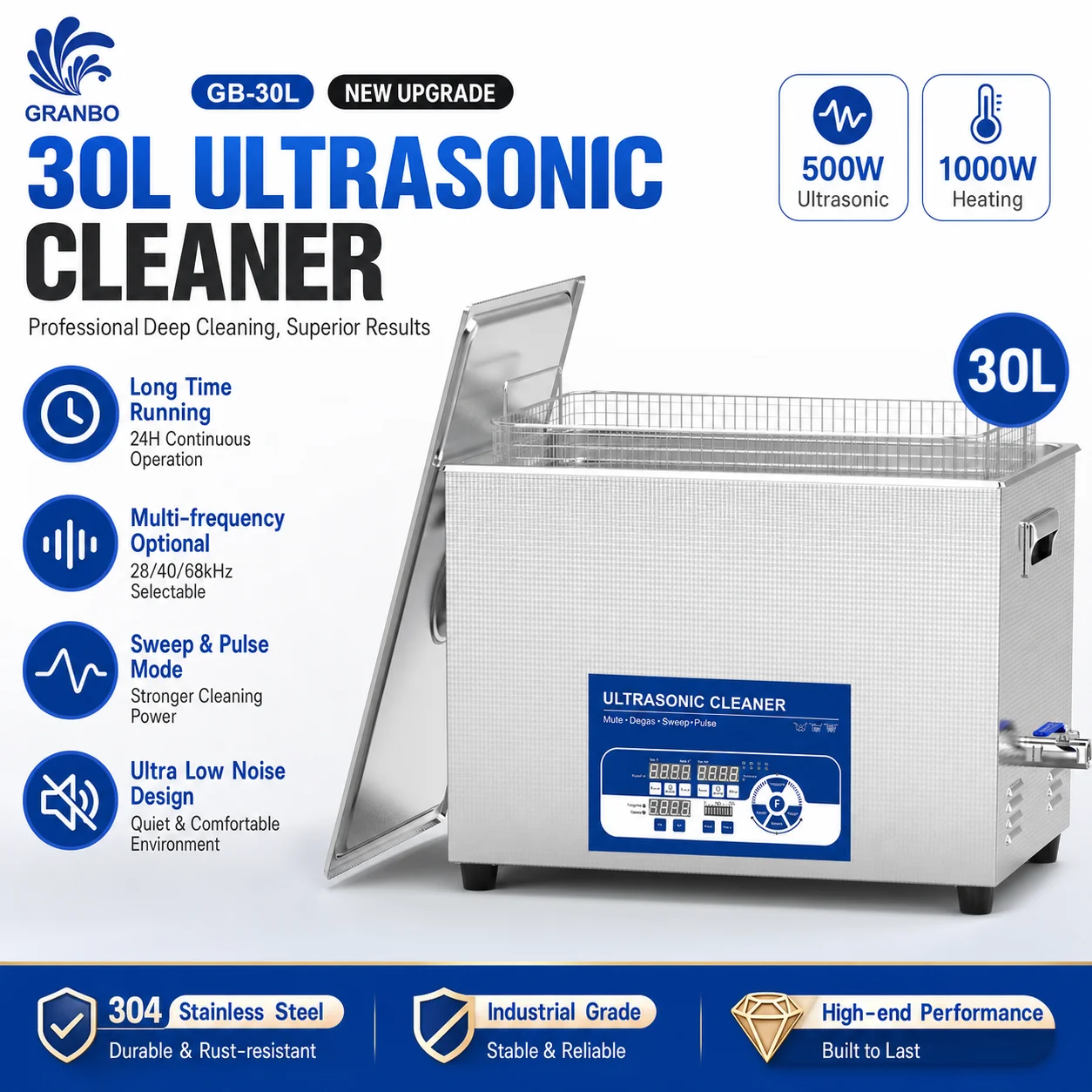 GRANBO 30L Ultrasonic Cleaner 500W with Intelligent Sweep Pulse Noise Reduction Multi-frequency Options 28/40/68/80/120kHz Degas