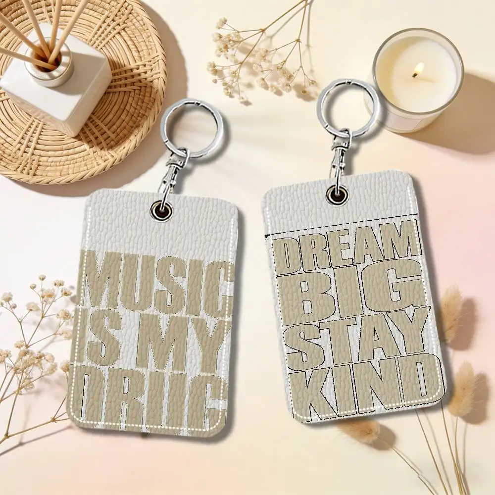 Trendy Art Love Music English PU Soft Leather Rectangular Keychain Card Holder, Badge Student ID Bus Elevator Card Protector