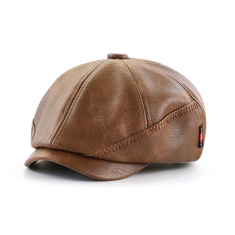 High Quality PU Leather Newsboy Caps Winter Warm Men Solid Casual Retro Beret Hats Octagonal hat Fashion Flat Caps