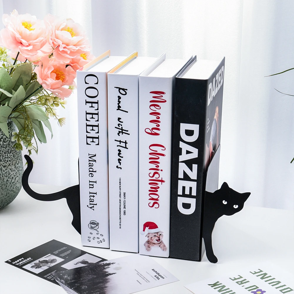 Black Cat Decorative Metal Bookends, Non-Slip Metal Book Ends Duty Stable Bookend Home Office Supplies Bookends for Book Lovers