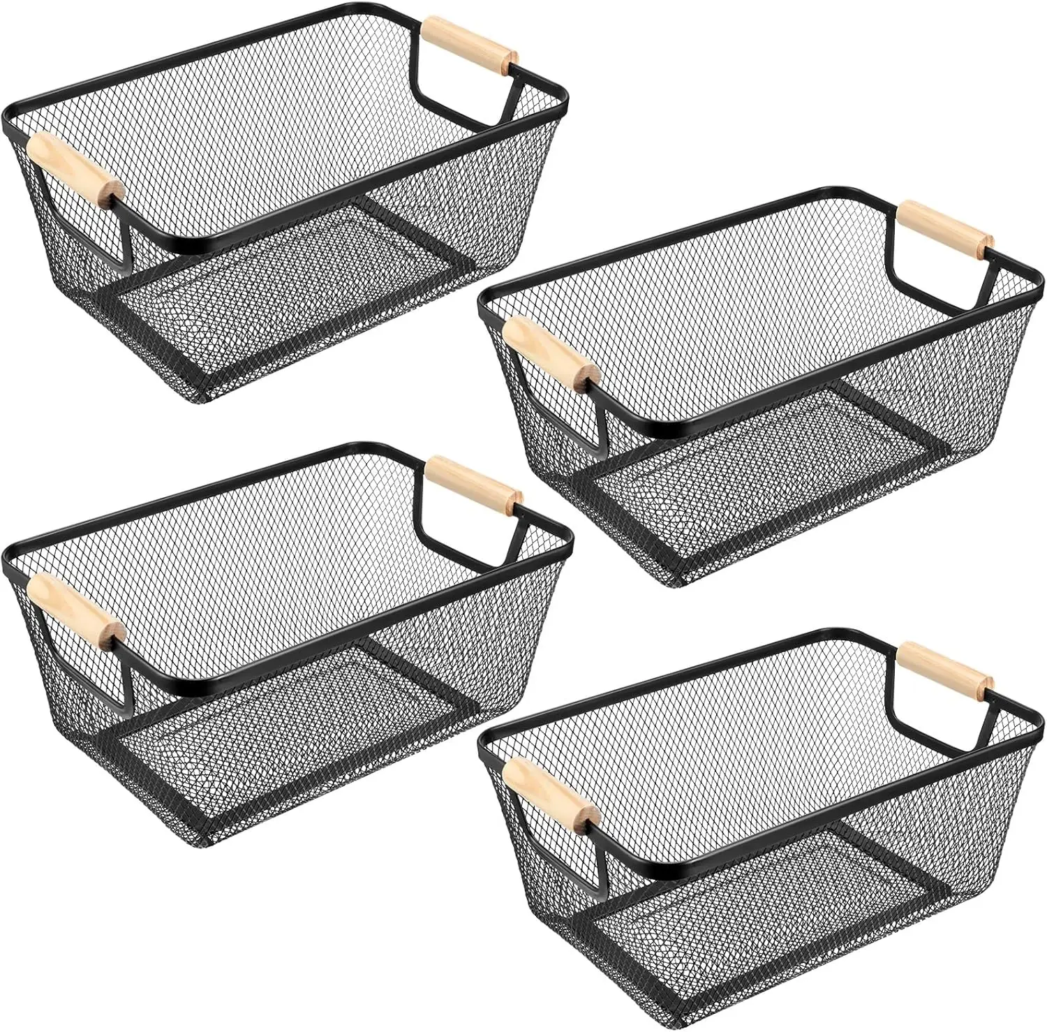 

4-Piece Metal Mesh Storage Baskets with Wooden Handles for Home, Kitchen, Pantry Organizing