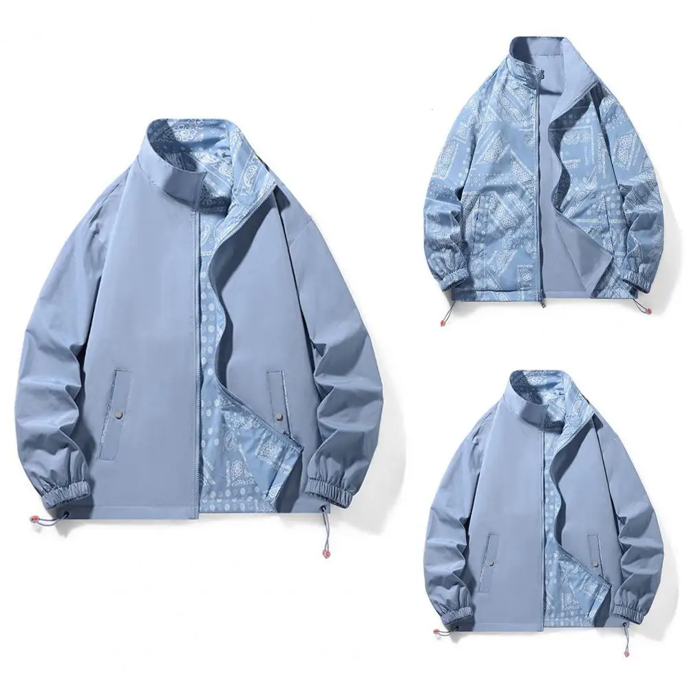 Men Fall Spring Jacket Reversible Double-sided Wear Pockets Coat Long Sleeve Splash-resistant Elastic Cuff Stand Collar Outwear