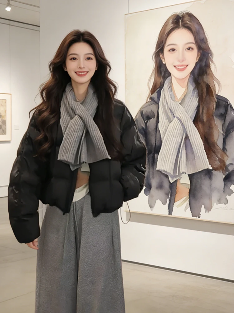 

Женское свободное теплое хлопковое пальто Bla down Jaet с квадратным узором, зимнее пальто в Корейском стиле Sle Commute Faion