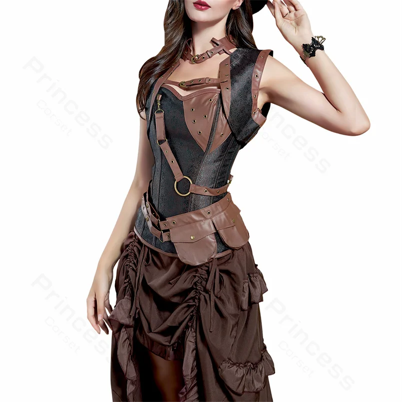 Vestido pirata com saia de cordão para mulheres, traje pirata, espartilho de couro punk, steampunk marrom, plus size