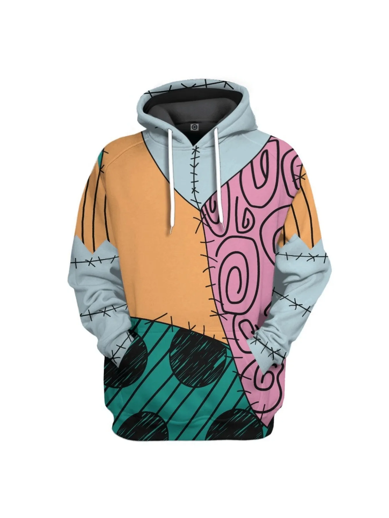 Unisex Patchwork Stitch Doll Pattern 3D Print Hoodie Color Block Cartoon Long Sleeve Casual Oversized Hooded Pullover