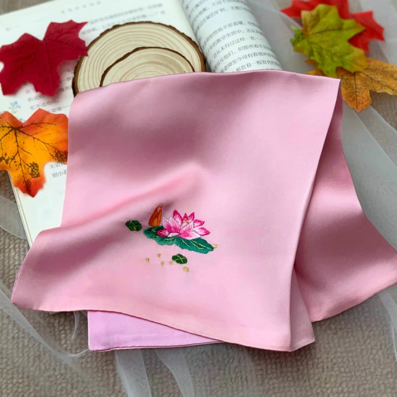 Silk Scarf Handmade Embroidery Handkerchief Double-Layer Small Square Towel Business Gift Chinese Style Fashion Simple Exquisite