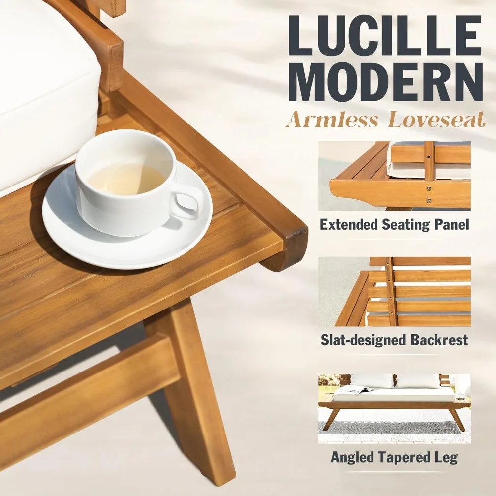 IDZO Lucille سعة 800 رطل، أريكة خارجية معتمدة من FSC بمقعدين مع وسائد سميكة 3.9 بوصة، لمسة نهائية من خشب الساج P