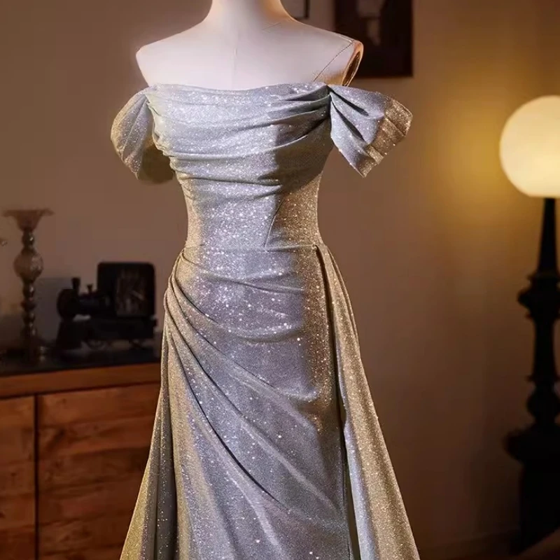 Vestido de noche fruncido con hombros descubiertos para mujer, traje sencillo de color gris y plateado con abertura, ropa Formal para fiesta de graduación y boda