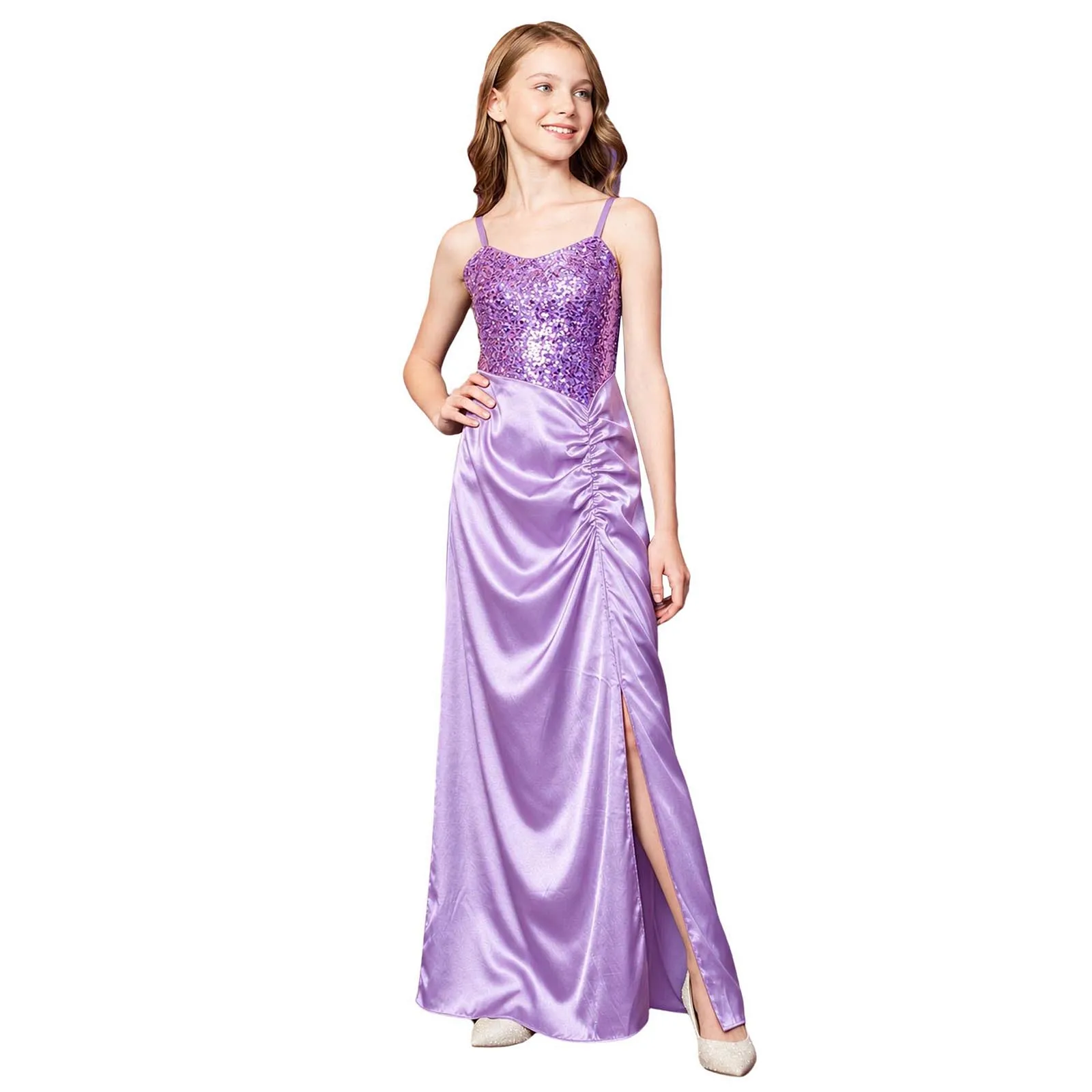 Junior Flower Girls Satin Party Dress Shiny Sequin Bodice Side Split Ruched Gown Elegant Wedding Birthday Bridesmaid Dresses