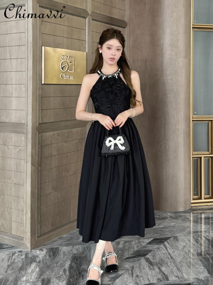 

French Elegant Socialite Evening Dress Diamond Beads Round Neck Off Shoulder Sleeveless High Waist A-line Black Long Dress Women