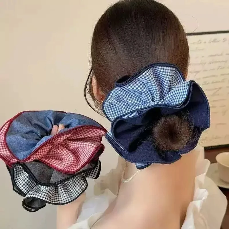 

1PC Vintage Red Plaid Denim Hair Tie for Women, High-End Korean Style, Versatile Scrunchie Bun Hair Accessory
