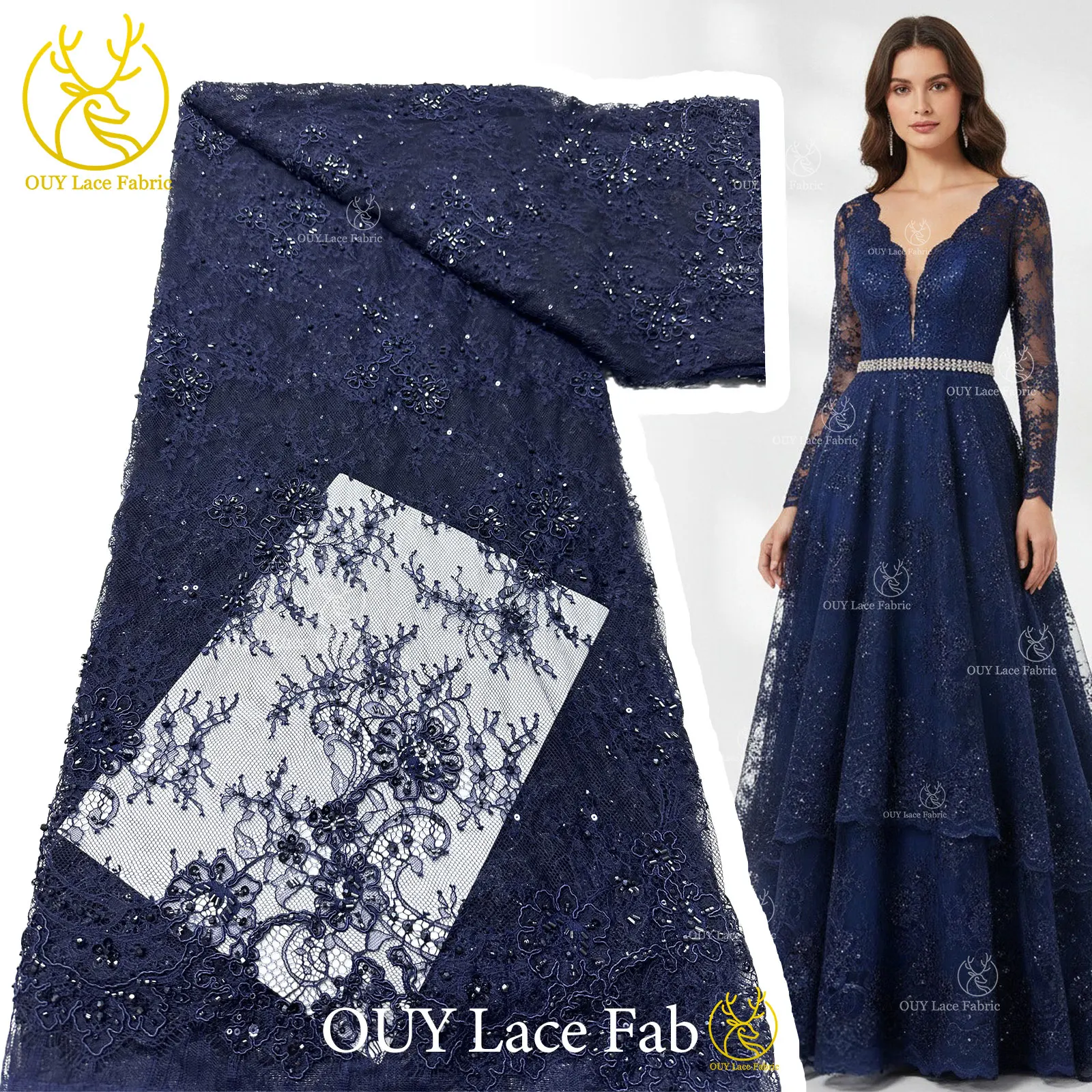

Premium African Sequin Lace Fabric Navy Blue French Nigerian Beaded Lace Fabric Ideal for Party Gowns and Evening Dress Sewing