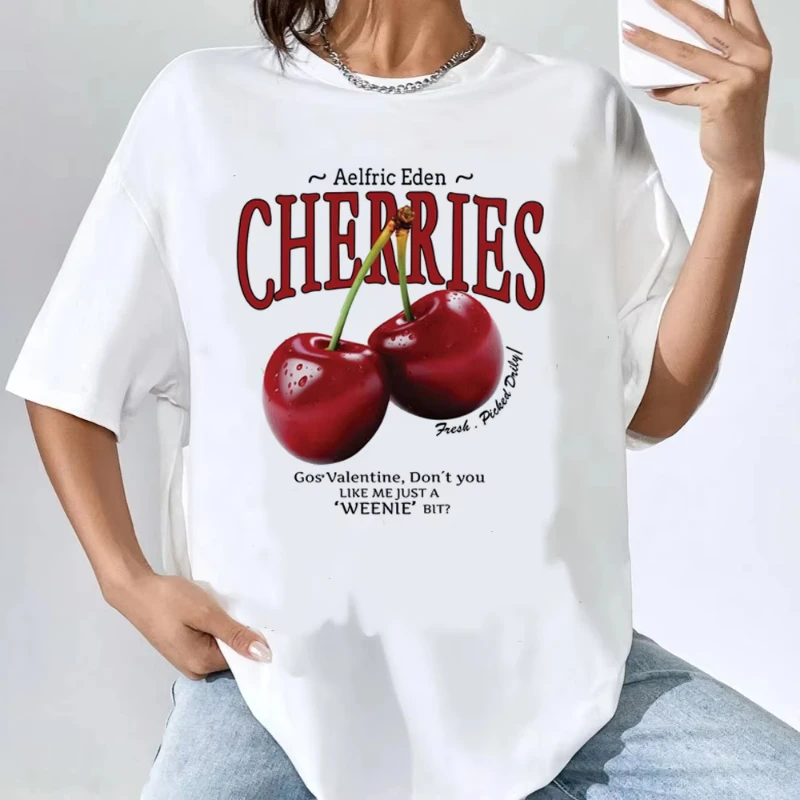 

2025 Summer Fashion Cherry t-shirt female Vintage streetwear Y2k 80s University Grunge shirt anime women Pop Culture Psychedelic