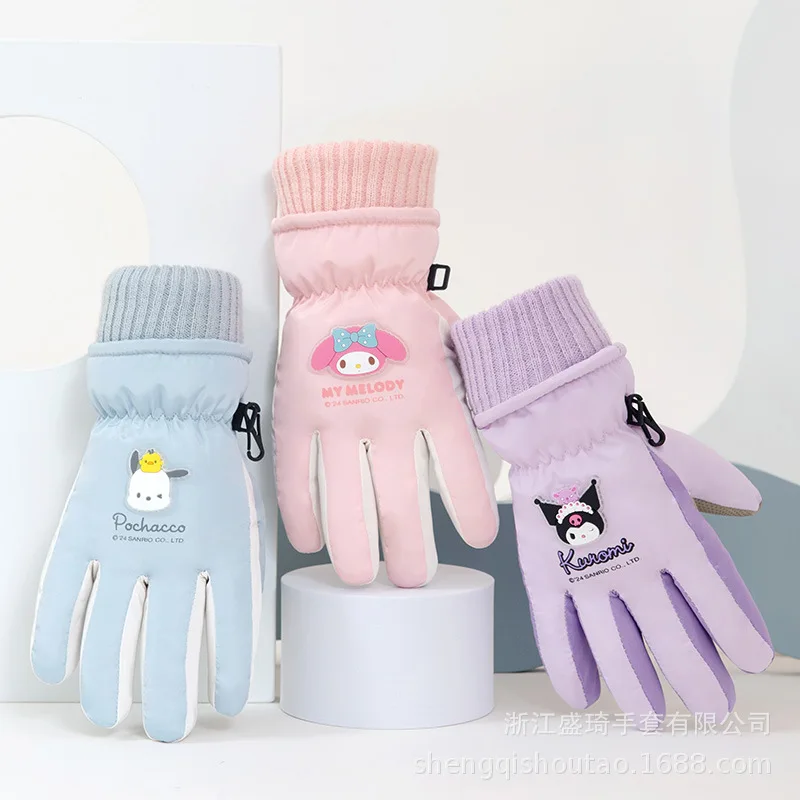 Anime Child Five Fingers Ski Gloves Thicken My Melody Kuromi Protection From Cold Keep Warm Outdoor Windproof Anti-Slip Cute