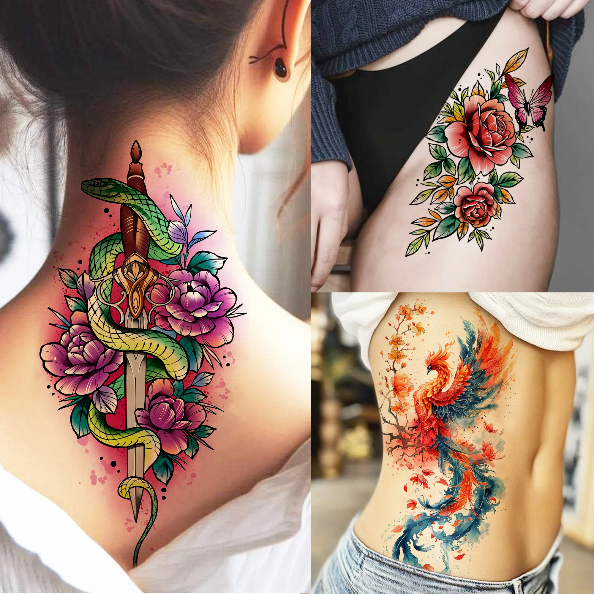 1 Sheet Watercolor Snake Flowers Temporary Tattoos For Women Girls Body Tatoos Waterproof Realistic Phoenix Fake Tattoo Stickers