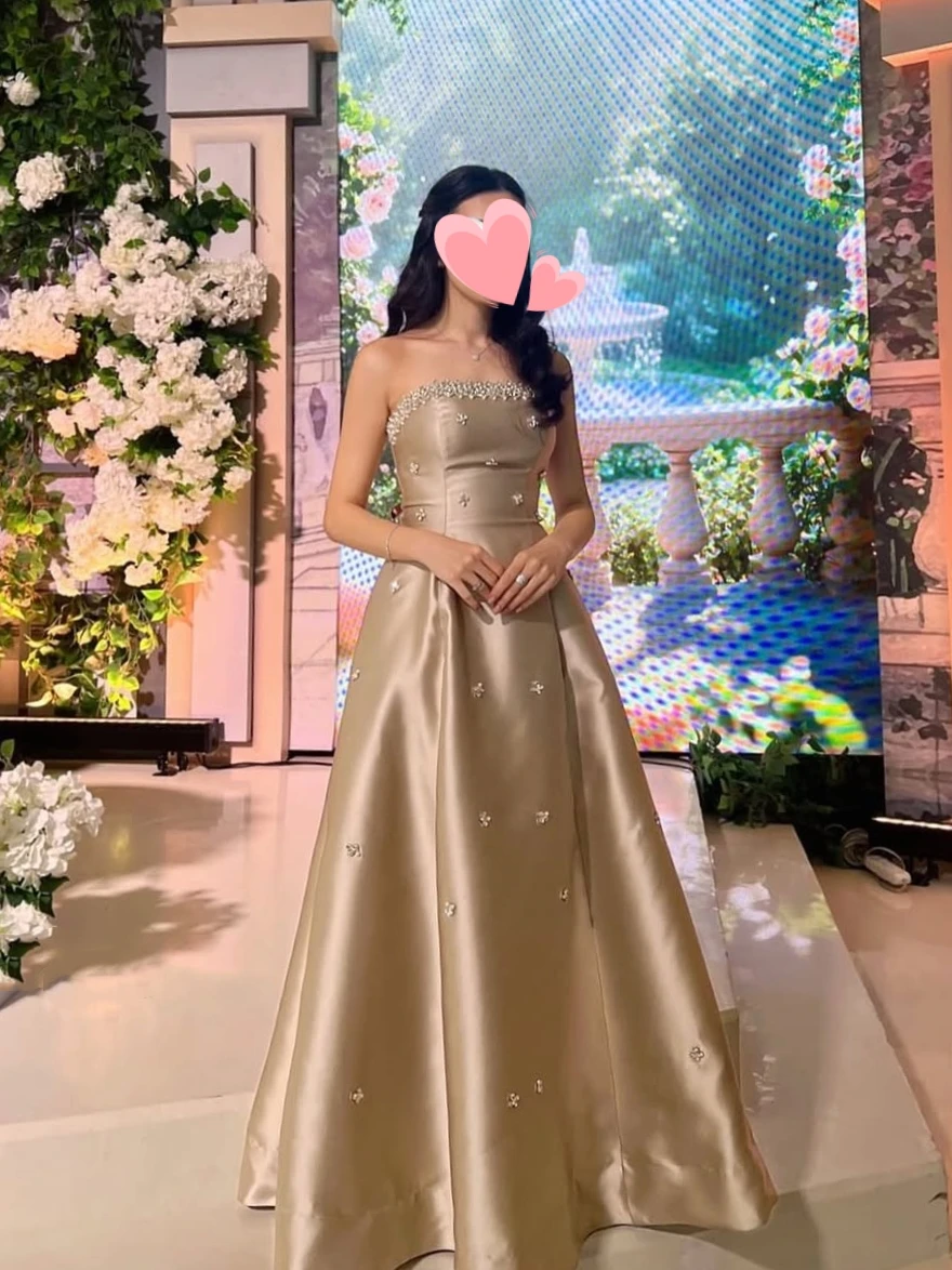 

Oisslec Dress Elegant Vintage Sweet Champagne Pearls Beads A-Line Customized Formal Occasion Prom Dress Evening Party Gowns