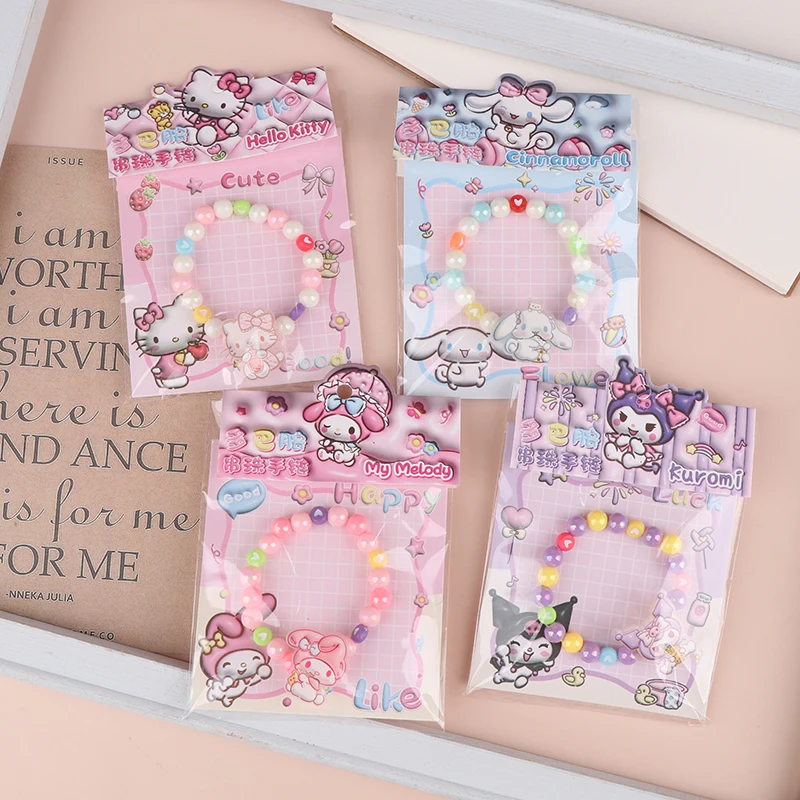 Sanrio Frisado Pulseiras para Meninas, Kawaii Cartoon Beads Pulseira, Doce Dopamina Jóias, Criança Presentes de Férias, Verão