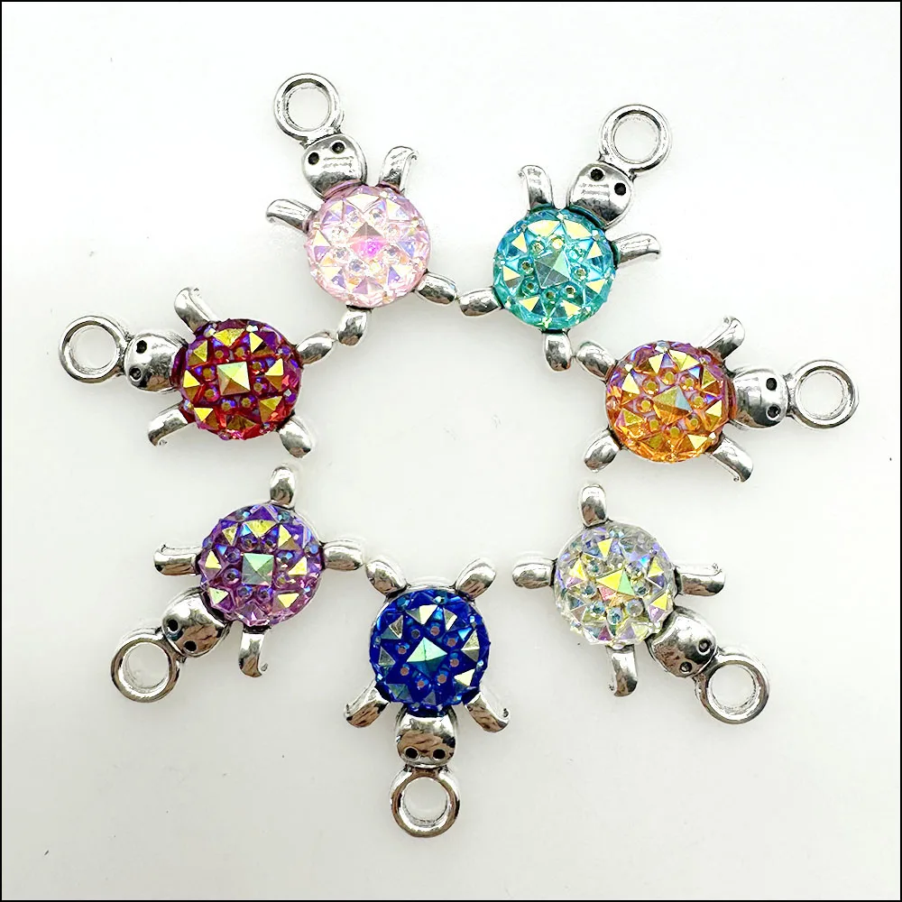 14Pcs Tibetan Silver Plated Retro Tortoise Mixed Oval Resin Charms Pendants 14x23mm